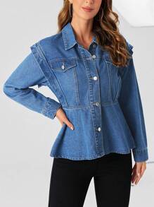 SHEIN Privé Flap Pocket Peplum Denim Jacket - Medium Wash - View 6