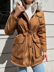 EURMUSE Eo dây rút Trang trí Fuzzy áo có mũ Áo khoác Parka - Lạc đà - Xem 8