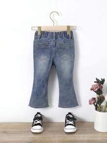 Baby Girl Butterfly Print Ripped Flare Leg Jeans - Medium Wash - View 2