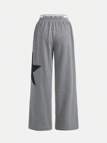 Leap Crew Teen Girl Knitted Patchwork Star & Badge Print Wide Leg Track Pants - Grey - View 2