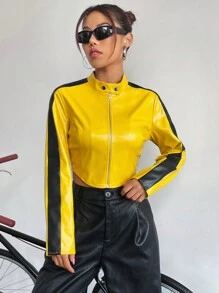 SHEIN Unity 女士时尚机车拉链短夹克 - 黃色 - 查看 4