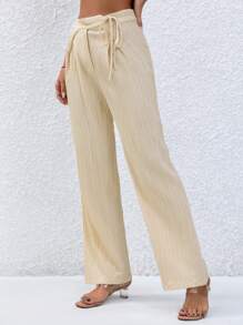 SHEIN Privé Pantalones rectos unicolor con nudo delantero - Caqui - Ver 4