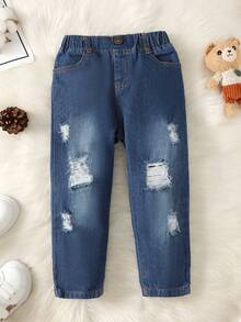 Young Boy Plaid Print Hooded Shirt & Ripped Frayed Jeans - Black - View 4