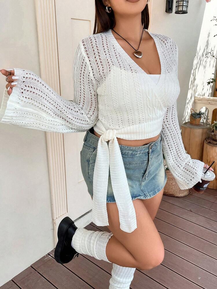 Plus Flare Sleeve Knot Side Crop Sweater Without Cami Top Knit Pullover Fall Winter Sweater
