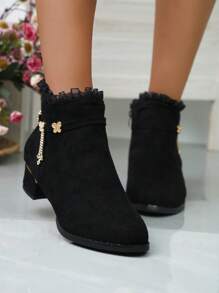 Botines y botitas de mujer con tacón de bloque a la moda que combinan con ropa de otoño, combinan con sudaderas con capucha a la moda, botas para mujer - Negro - Ver 2