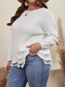 SHEIN VCAY Plus Drop Shoulder Fringe Hem Sweater - White - View 2