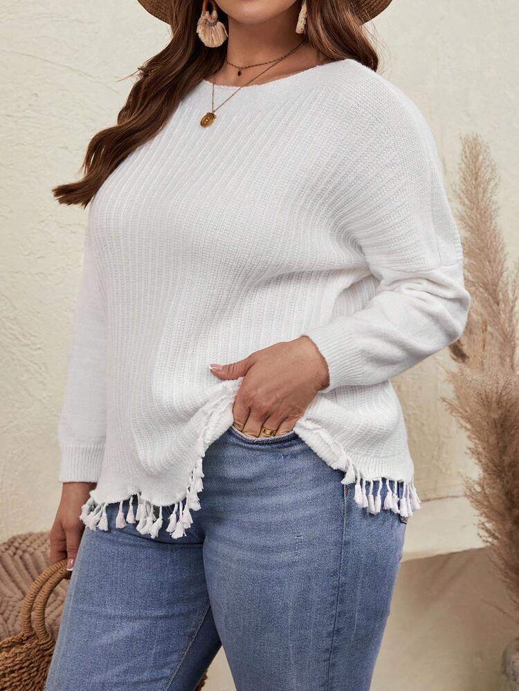 Plus Drop Shoulder Fringe Hem Sweater