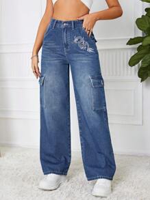 SHEIN ICON Chinese Dragon Graphic Flap Pocket Side Cargo Jeans - Medium Wash - View 4