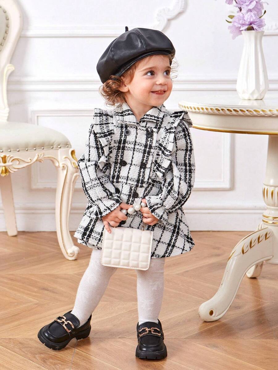 SHEIN Baby Girl Plaid Pattern Ruffle Trim Flounce Sleeve Peplum Overcoat - Black and White - View 1