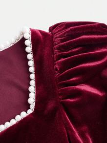 青少年女孩水鑽細節羊腿袖洋裝帶蝴蝶結適用於聖誕 - 酒紅色 - 查看 4