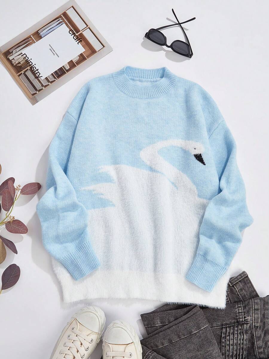 SHEIN Essnce Hoa văn thiên nga Thả vai Áo len - Màu xanh lam - Xem 1