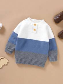 SHEIN 男小童撞色半排扣插肩袖套頭毛衣 - 藍色 - 查看 1