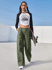 SHEIN EZwear Flap Pocket Cargo Pants - Army Green - View 1
