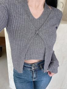 DAZY Ribbed Knit Halter Knit Top & Cardigan Fall - Grey - View 8
