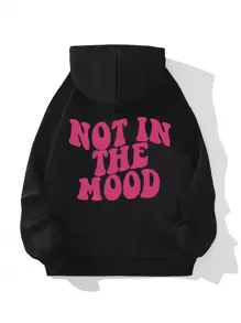 INAWLY Slogan Graphic Kangaroo Pocket Drop Shoulder Drawstring Hoodie NOT IN THE MOOD,Long Sleeve Tops - Black - View 4