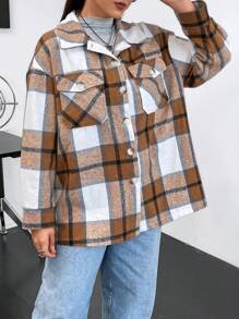 Flirla 大碼格紋印花落肩袖翻蓋口袋襯衫 - 彩色 - 查看 4