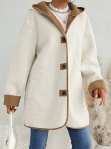 SHEIN Unity Contrast Binding Hooded Teddy Duffle Coat Fall Cloth For Women - White - View 4