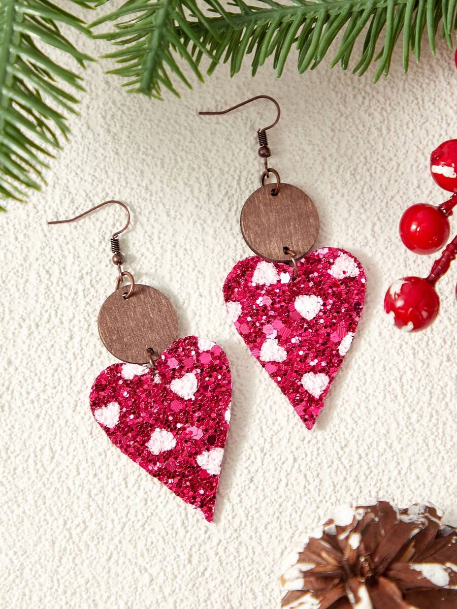 SHEIN BAE 時尚PU皮革心形聖誕主題耳環