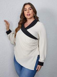 Maweii Plus Contrast Trim Wrap  Asymmetrical Hem Blouse - Apricot - View 3