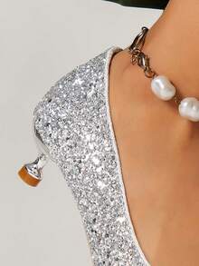 法式婚禮鞋女性高跟鞋適用於伴娘,細跟跟水晶鞋 - 銀色 - 查看 3