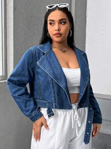 SHEIN EZwear Hơn Khóa thắt lưng Moto Áo khoác denim - Rửa tối - Xem 5