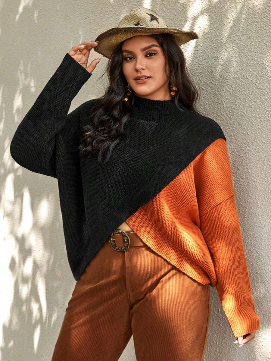 SHEIN VCAY Plus Two Tone Drop Shoulder Wrap Cross Sweater - Multicolor - View 1