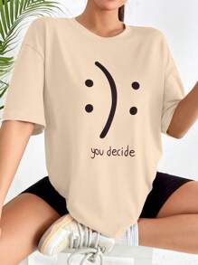 SHEIN EZwear Đồ họa Khẩu hiệu Áo thun Thả vai - Màu be - Xem 1