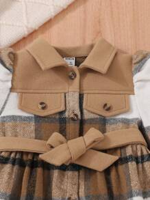 SHEIN Cô gái Em bé In kẻ sọc Thắt lưng Áo khoác - Màu Khaki - Xem 4