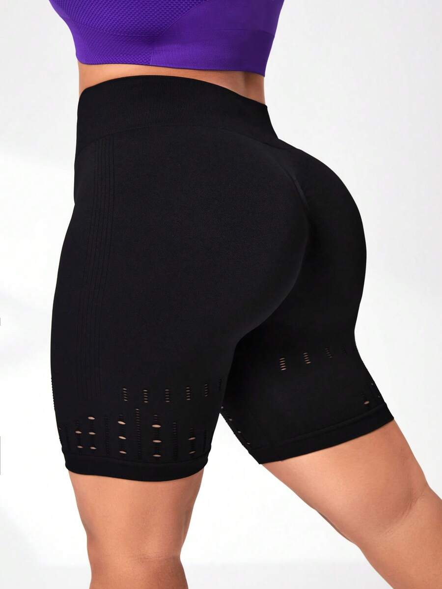 SHEIN Yoga Basic 大碼鏤空寬腰帶運動短褲 - 黑色 - 查看 1