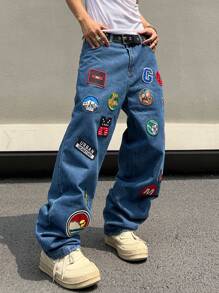 Manfinity Roghcode Loose Fit Men's Wide Leg Jeans Without Belt With Patched Details Baggy Long Washed Dark Wash Jean Cargo Graphic Plain Blue Going Out Street Wear Friends