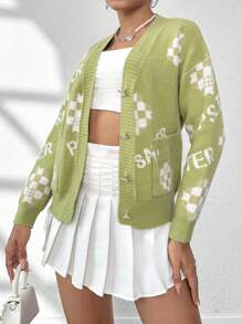 Flirla Letter Pattern Drop Shoulder Pocket Patched Cardigan - Green - View 3