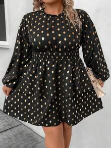 SHEIN CURVE+ 大碼燙金燈籠袖荷葉邊洋裝 - 黑色 - 查看 3