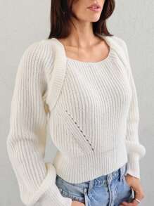 SHEIN Privé Tie Back Raglan Sleeve Sweater - Beige - View 6