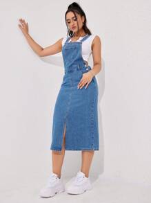 SHEIN EZwear 下擺開叉牛仔背帶裙不帶T恤