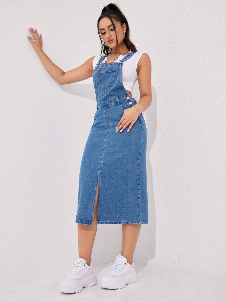 SHEIN EZwear فستان من قماش الدنيم بحافة شق بدون تي شيرت - أزرق متوسط - مشاهدة 1