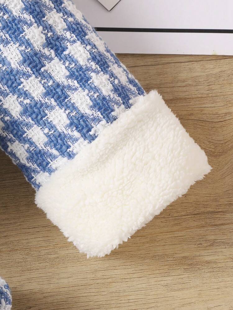 Baby Girl Houndstooth Print Contrast Fuzzy Trim Jacket & Skirt