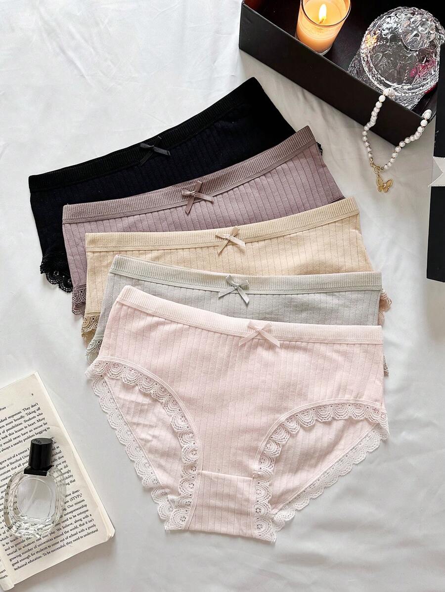 5件蕾絲邊前蝴蝶結條紋針織內褲