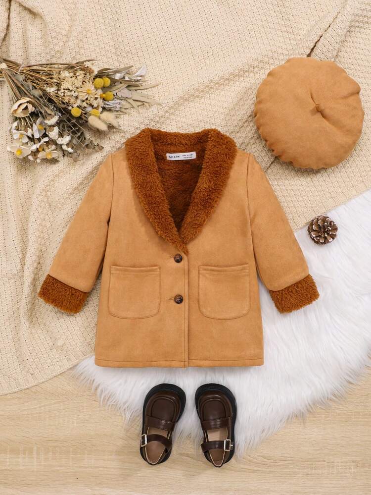 Baby Girl Dual Pocket Fuzzy Trim Button Front Coat & Hat