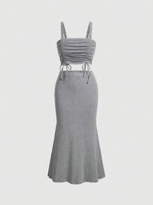 SHEIN MOD Drawstring Front Cami Top & Mermaid Hem Skirt - Grey - View 1