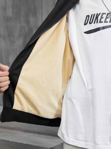 Manfinity Hypemode Men Letter Patched Zip Up Bomber Jacket Without Tee - Hitam - View 6