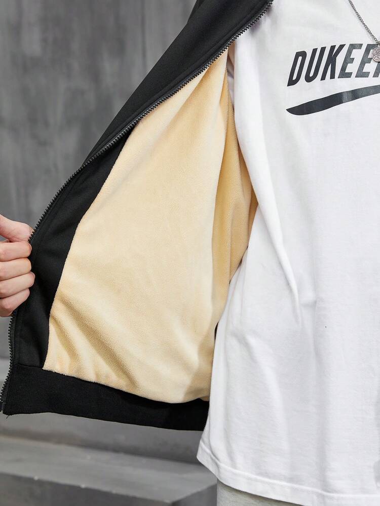 Oversized Men's Zipper Closure Bomber Jacket With Letter Patch Decoration, Without T-Shirt