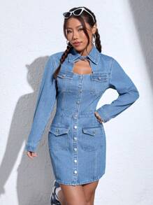 SHEIN EZwear Flap Pocket Button Front Denim Dress - Medium Wash - View 5