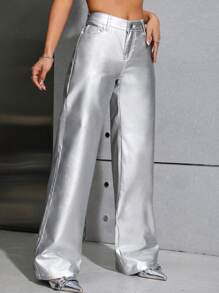 SHEIN ICON 素色闊腿牛仔褲 - 銀色 - 查看 5