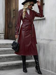 SHEIN Essnce 西裝領雙排釦腰帶PU皮革風衣外套 - 紅色 - 查看 3