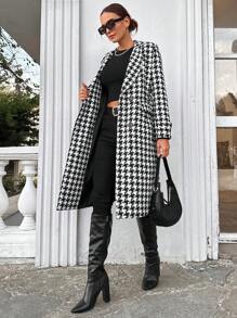 RueChic Allover Print Lapel Neck Double Breasted Overcoat - Black and White - View 2