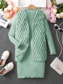 SHEIN Tween Girl Solid Mock Neck Lettuce Trim Tissue Dress & Open Front Jacket - Green - View 3