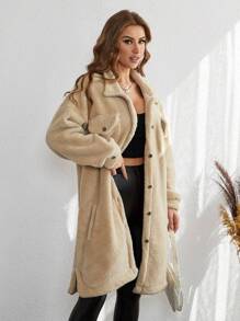 RueChic Drop Shoulder Flap Pocket Teddy Coat - Beige - View 5