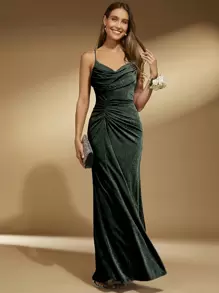 SHEIN Belle Long lanh Hai Dây Ăn mặc trang trọng - Màu xanh lá cây đậm - Xem 3