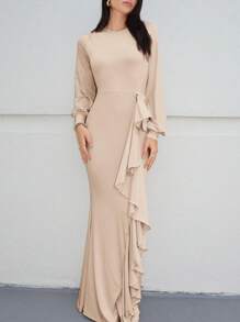SHEIN Privé 荷葉邊燈籠袖垂墜魚尾裙下擺洋裝 - 杏色 - 查看 3