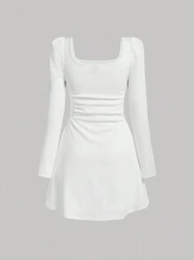 SHEIN MOD 方領抽褶細節洋裝 - 白色 - 查看 2